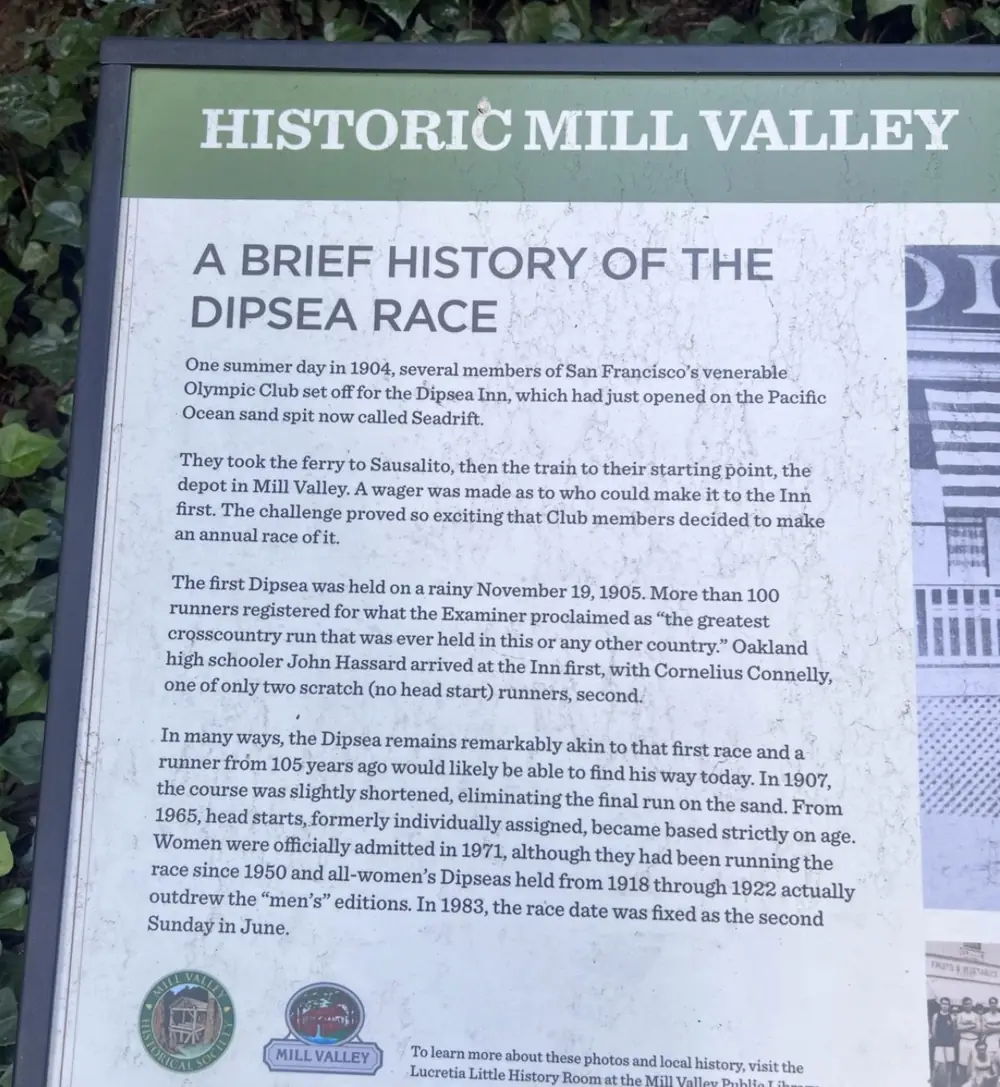 Historic Mill Valley sign describing the early history of the Dipsea Race
